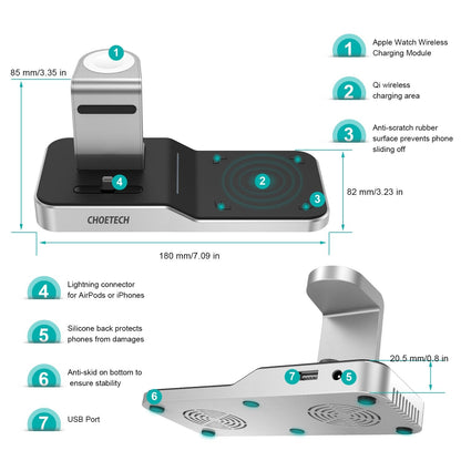 CHOETECH T316 4-in-1 Wireless Charging Station for iPhone/Apple Watch/iPod and all Qi Wireless Cell phones Tristar Online