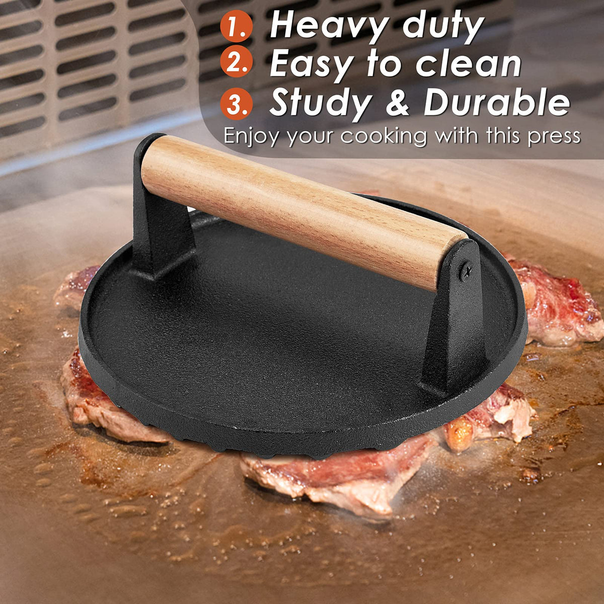 Heavy Duty Round Cast Iron Grill Burger Press Pre-Seasoned Steak Griddle BBQ Grilling Tristar Online