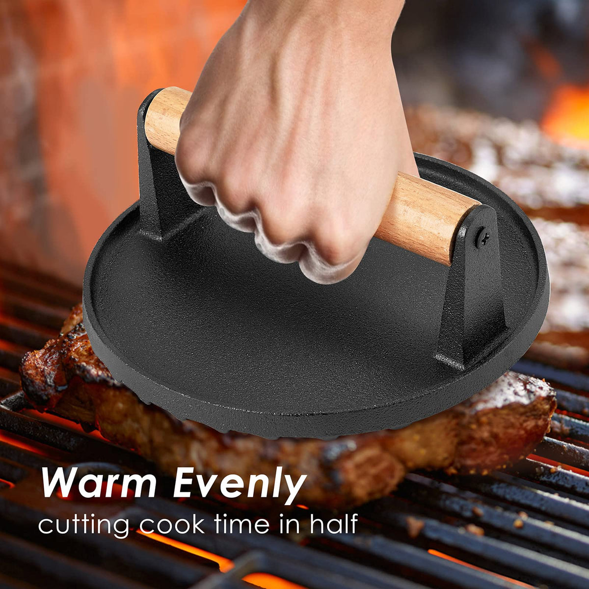 Heavy Duty Round Cast Iron Grill Burger Press Pre-Seasoned Steak Griddle BBQ Grilling Tristar Online