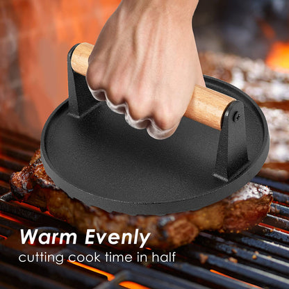 Heavy Duty Round Cast Iron Grill Burger Press Pre-Seasoned Steak Griddle BBQ Grilling Tristar Online