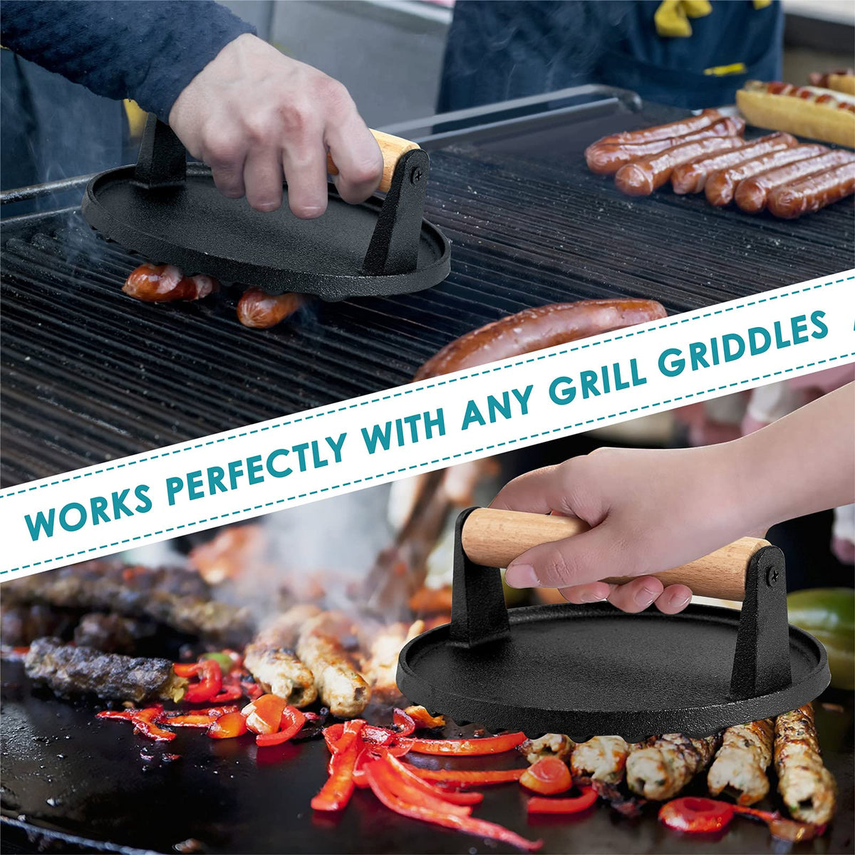 Heavy Duty Round Cast Iron Grill Burger Press Pre-Seasoned Steak Griddle BBQ Grilling Tristar Online