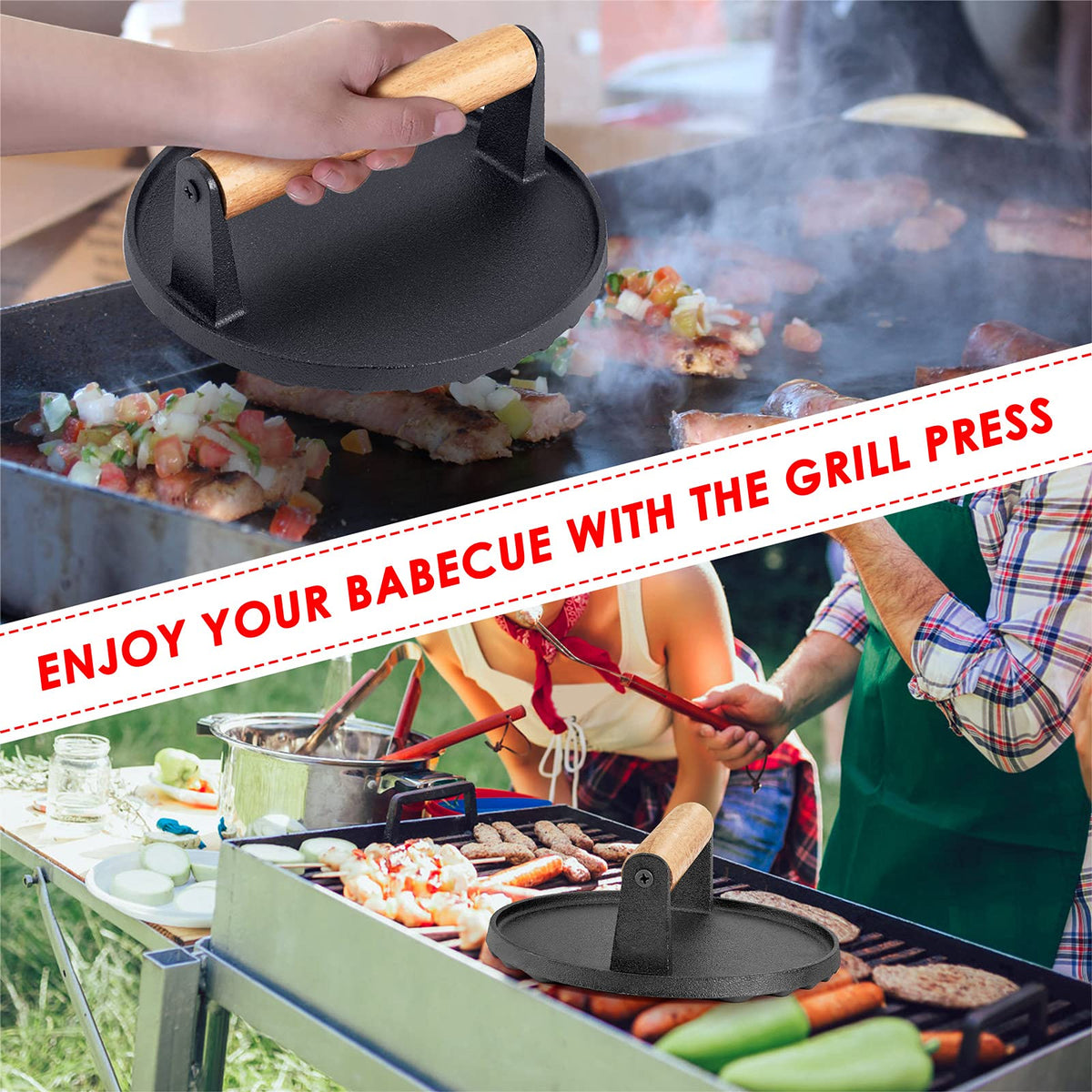 Heavy Duty Round Cast Iron Grill Burger Press Pre-Seasoned Steak Griddle BBQ Grilling Tristar Online