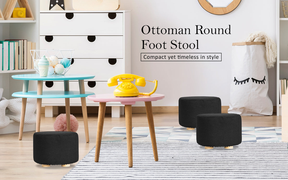 La Bella 2 Set Black Fabric Ottoman Round Wooden Leg Foot Stool Tristar Online