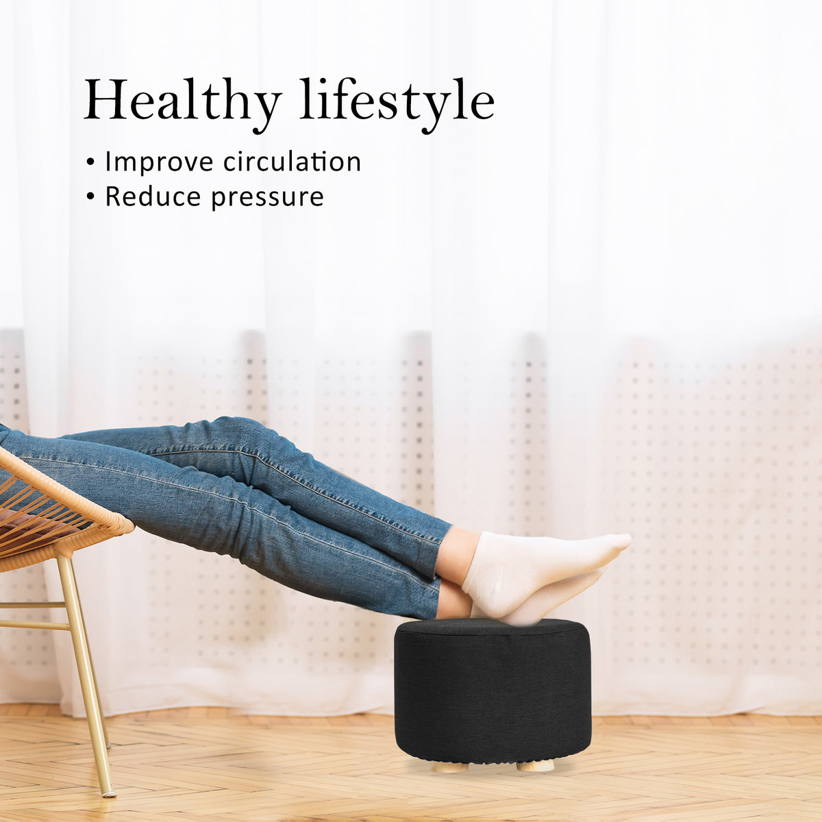La Bella 2 Set Black Fabric Ottoman Round Wooden Leg Foot Stool Tristar Online