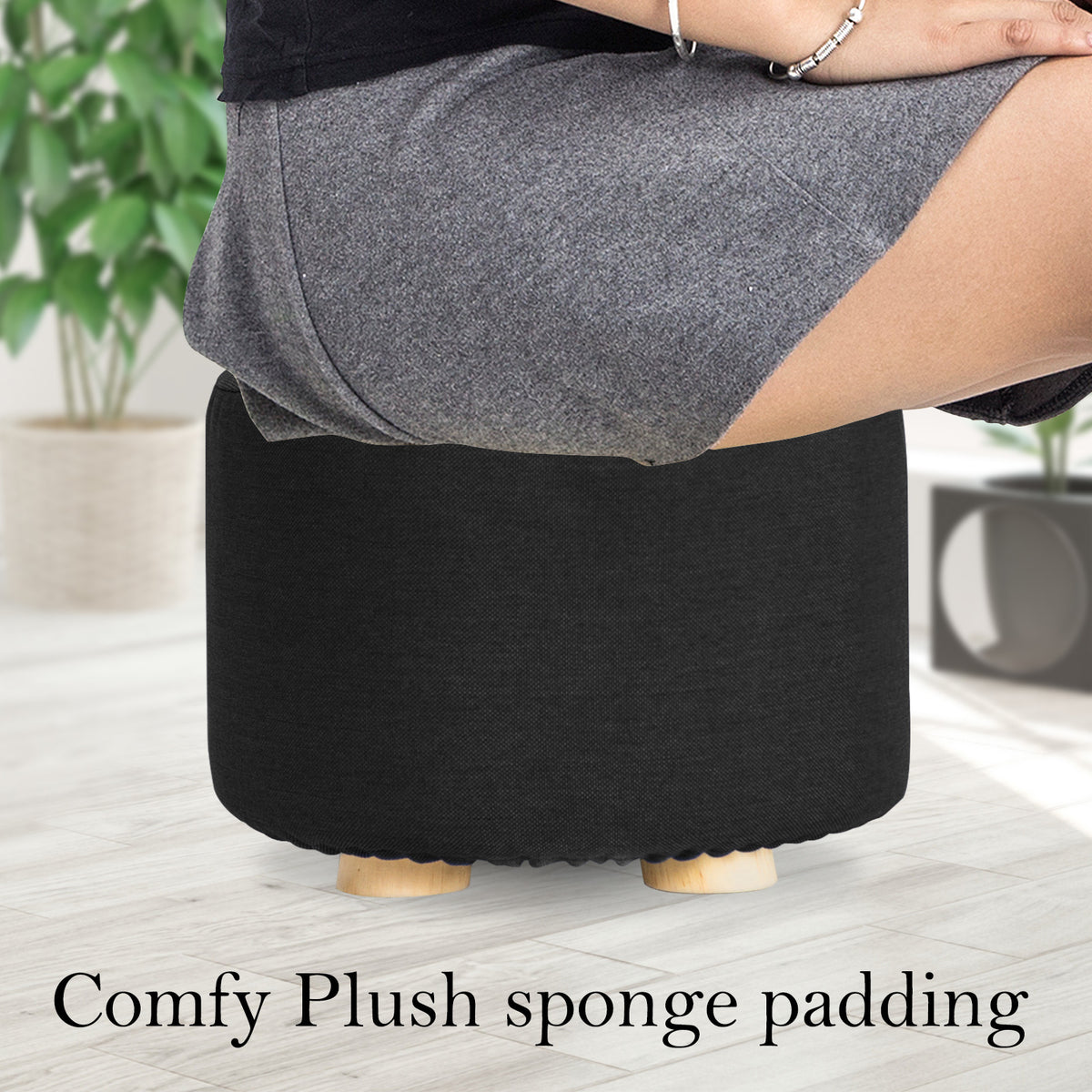 La Bella 2 Set Black Fabric Ottoman Round Wooden Leg Foot Stool Tristar Online