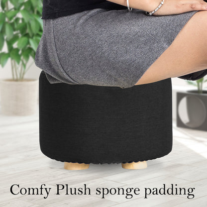 La Bella 2 Set Black Fabric Ottoman Round Wooden Leg Foot Stool Tristar Online