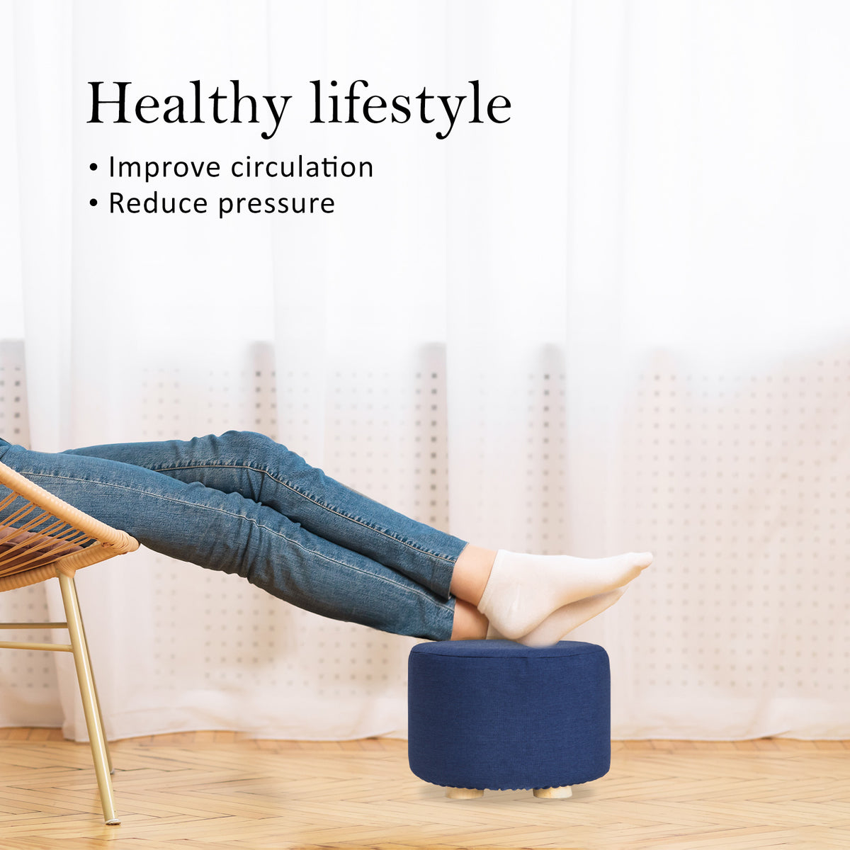 La Bella 2 Set Dark Blue Fabric Ottoman Round Wooden Leg Foot Stool Tristar Online