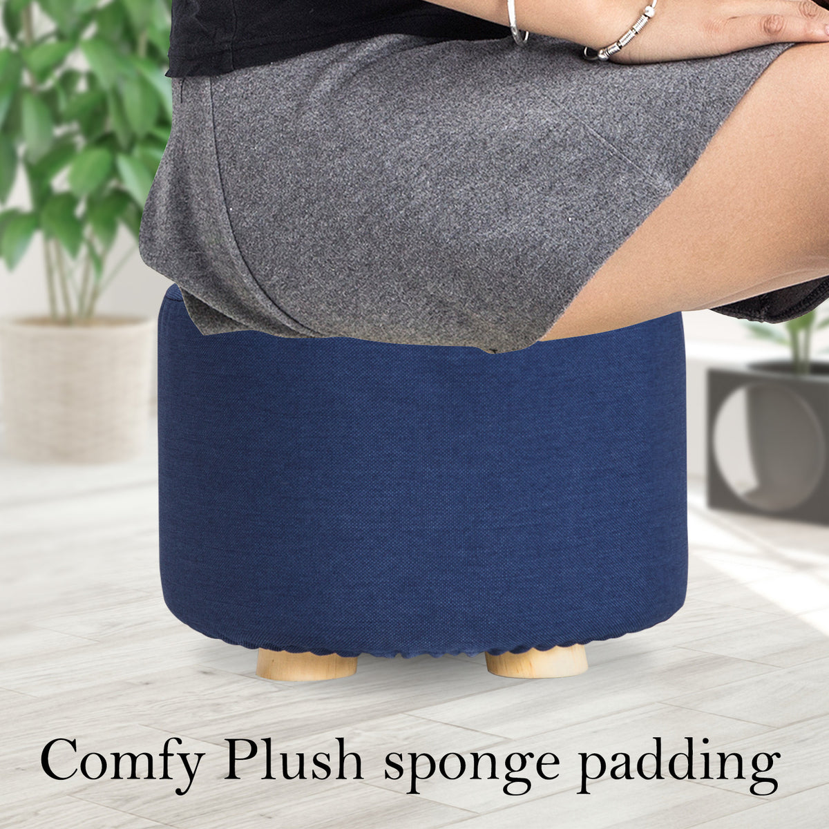 La Bella 2 Set Dark Blue Fabric Ottoman Round Wooden Leg Foot Stool Tristar Online