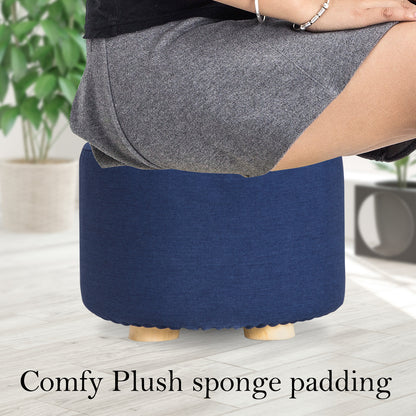 La Bella 2 Set Dark Blue Fabric Ottoman Round Wooden Leg Foot Stool Tristar Online