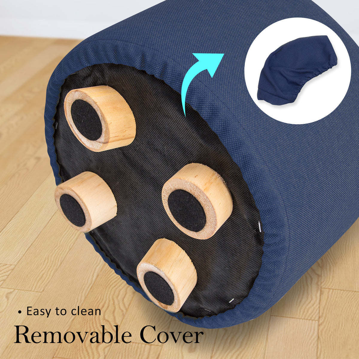 La Bella 2 Set Dark Blue Fabric Ottoman Round Wooden Leg Foot Stool Tristar Online