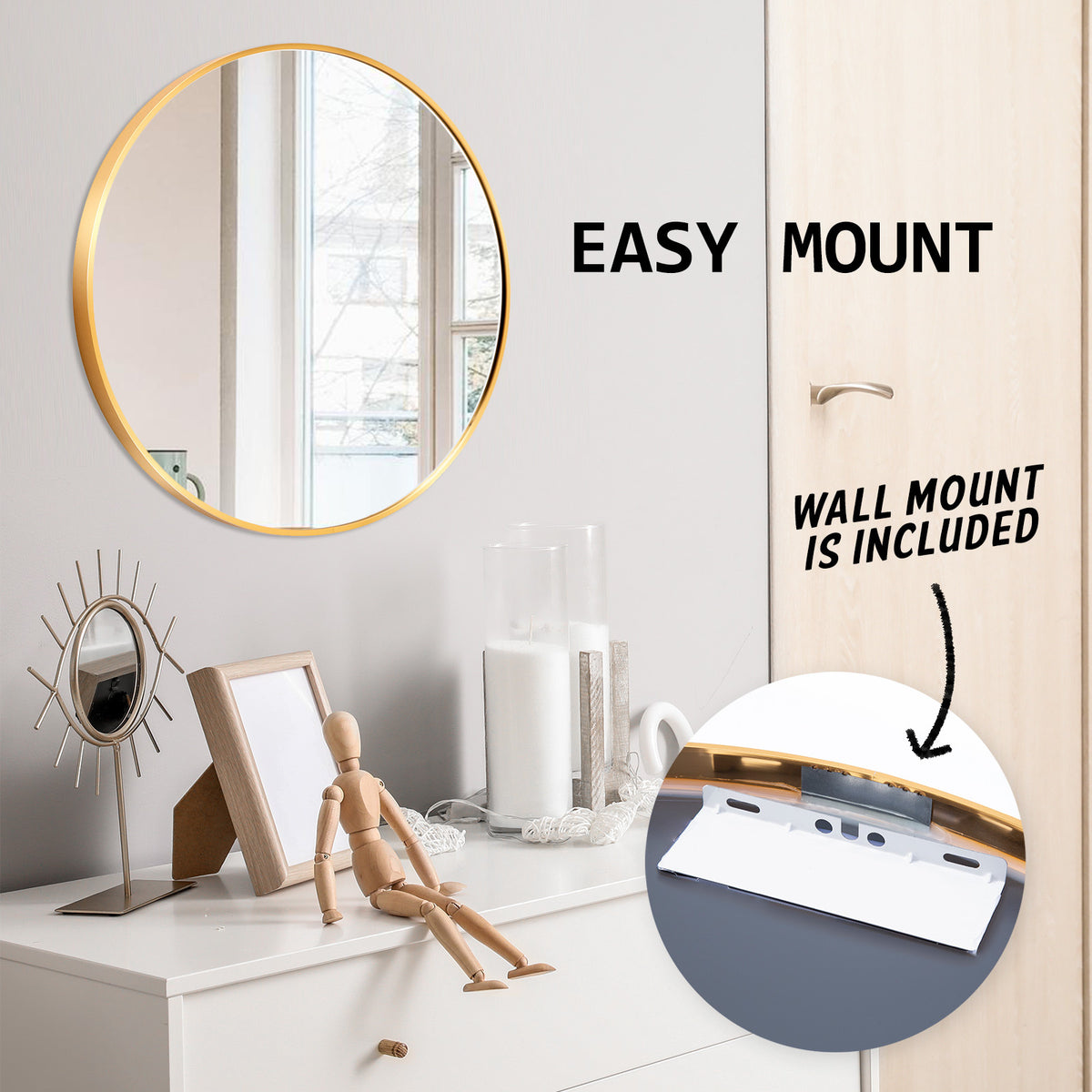 La Bella Gold Wall Mirror Round Aluminum Frame Makeup Decor Bathroom Vanity 60cm Tristar Online