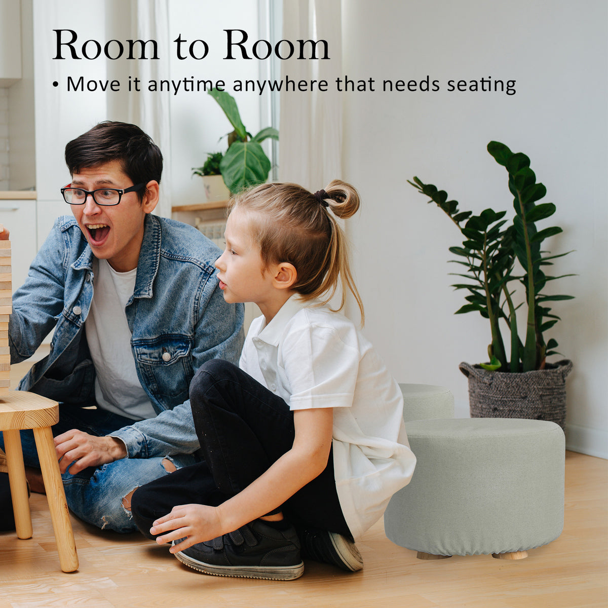 La Bella Grey Fabric Ottoman Round Wooden Leg Foot Stool Tristar Online