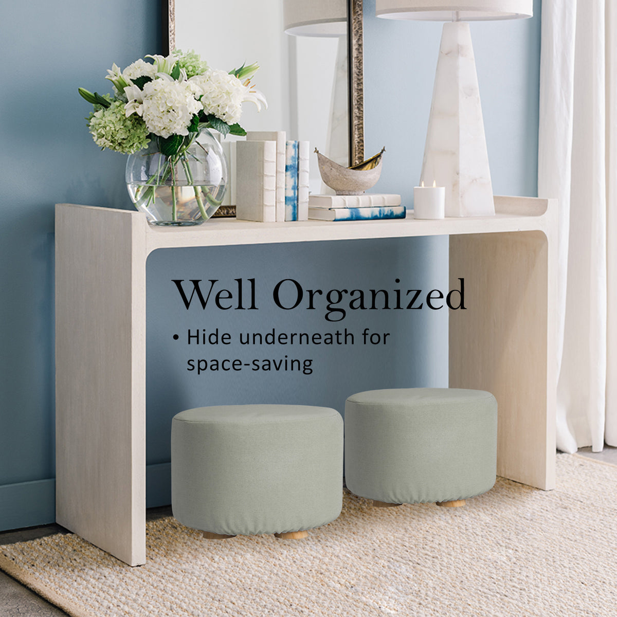 La Bella Grey Fabric Ottoman Round Wooden Leg Foot Stool Tristar Online