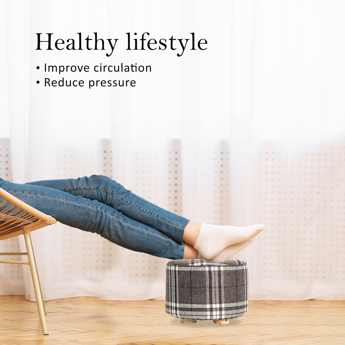 La Bella Lattice Fabric Ottoman Round Wooden Leg Foot Stool Tristar Online