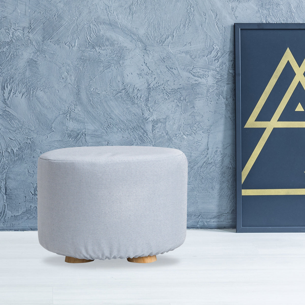 La Bella Light Blue Fabric Ottoman Round Wooden Leg Foot Stool Tristar Online