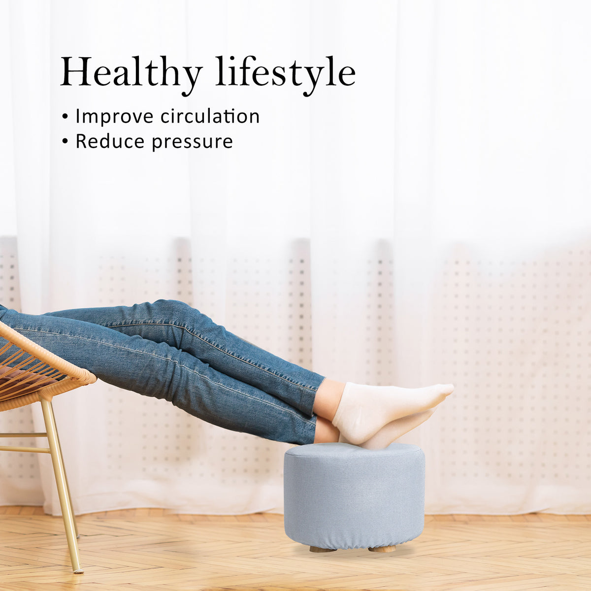 La Bella Light Blue Fabric Ottoman Round Wooden Leg Foot Stool Tristar Online