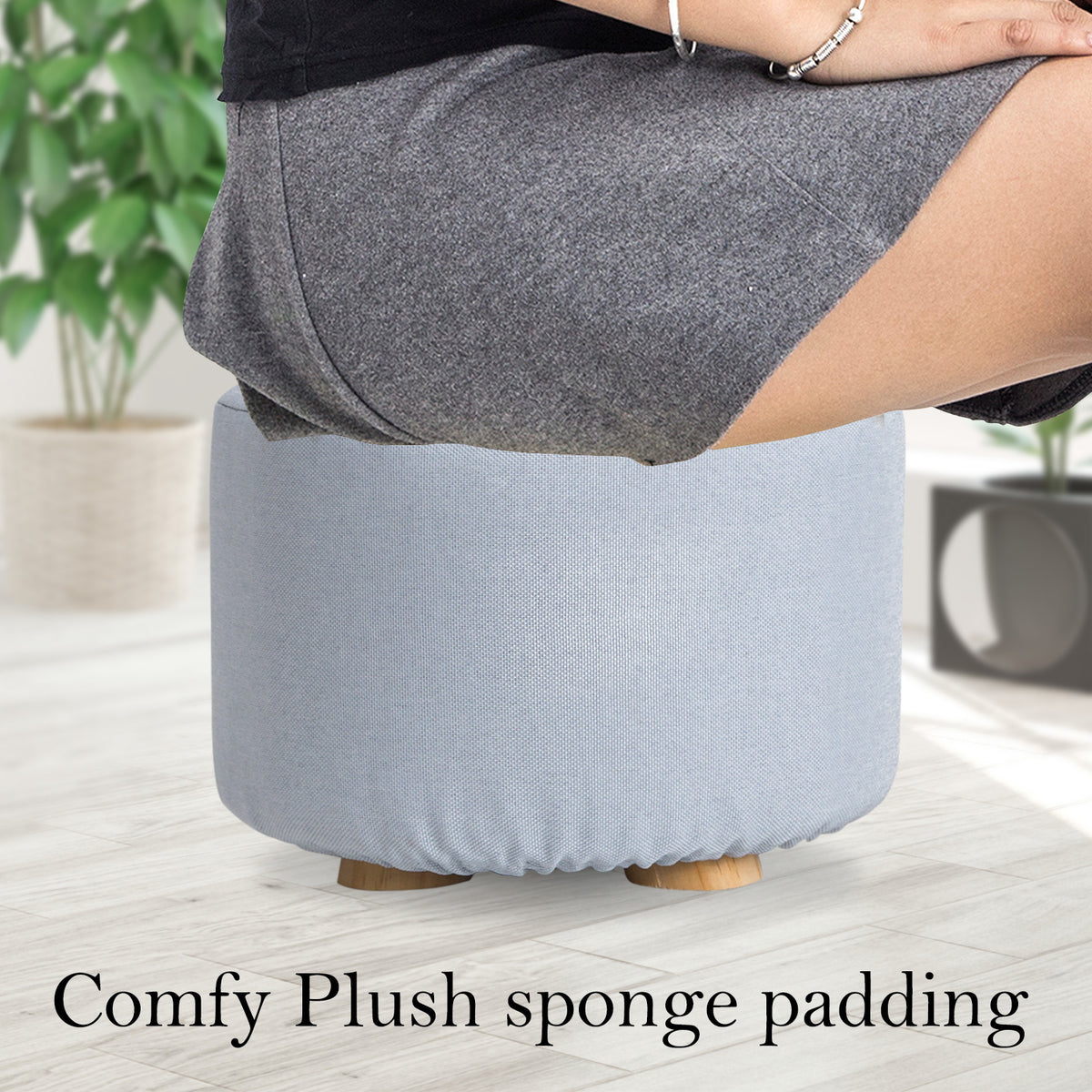 La Bella Light Blue Fabric Ottoman Round Wooden Leg Foot Stool Tristar Online