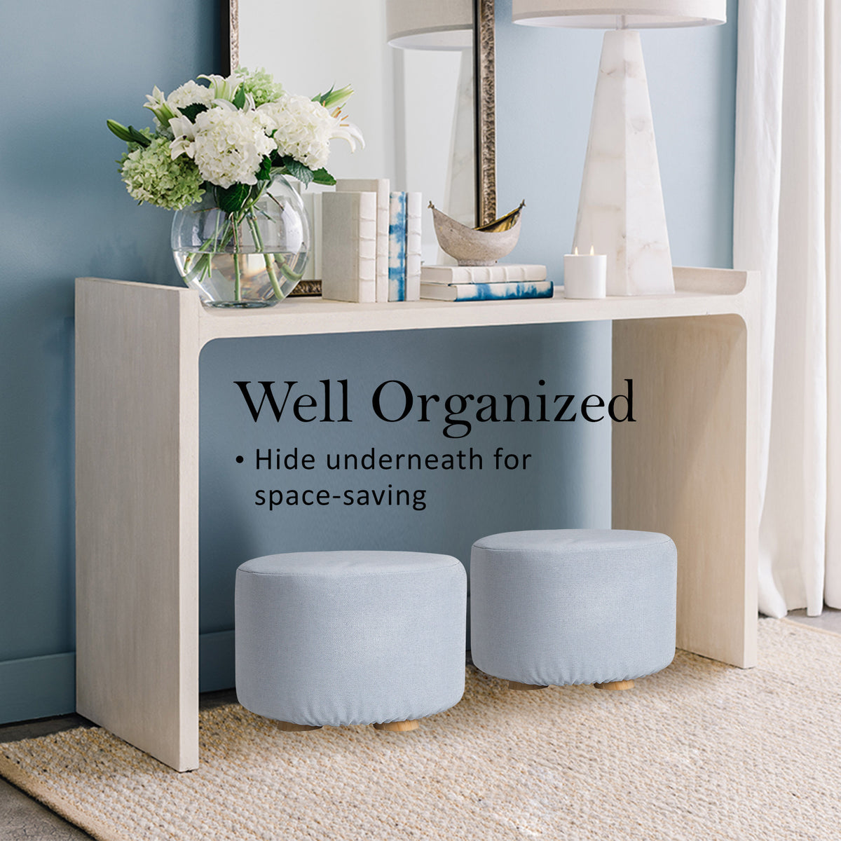 La Bella Light Blue Fabric Ottoman Round Wooden Leg Foot Stool Tristar Online