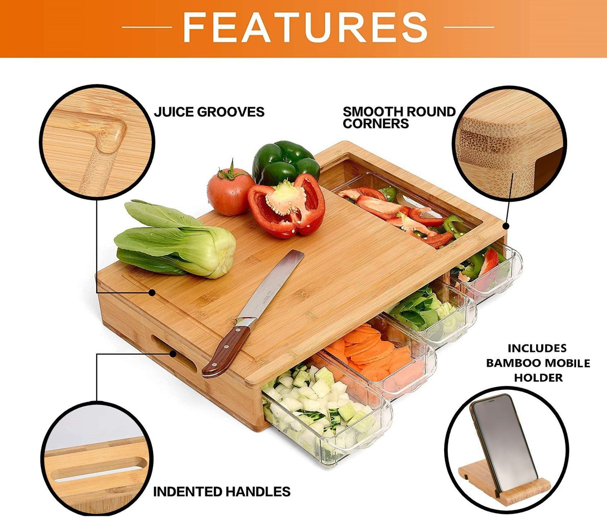 Large Bamboo Cutting Board and 4 Containers with Mobile Holder gift included for Home Kitchen Tristar Online
