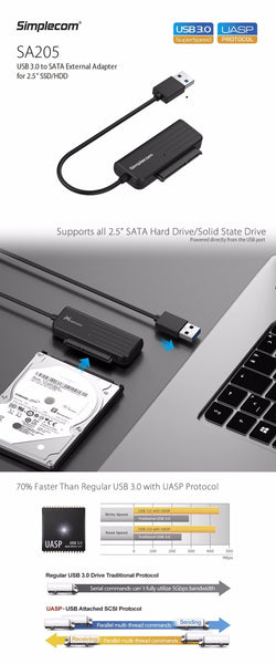 Simplecom SA205 Compact USB 3.0 to SATA Adapter Cable Converter for 2.5" SSD/HDD Tristar Online