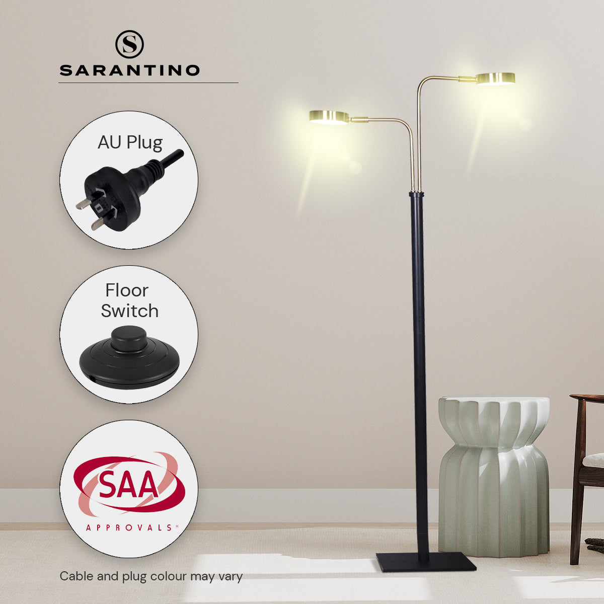 Sarantino LED Metal Floor Lamp with 2 Lights in Brushed Gold and Black Finish Tristar Online