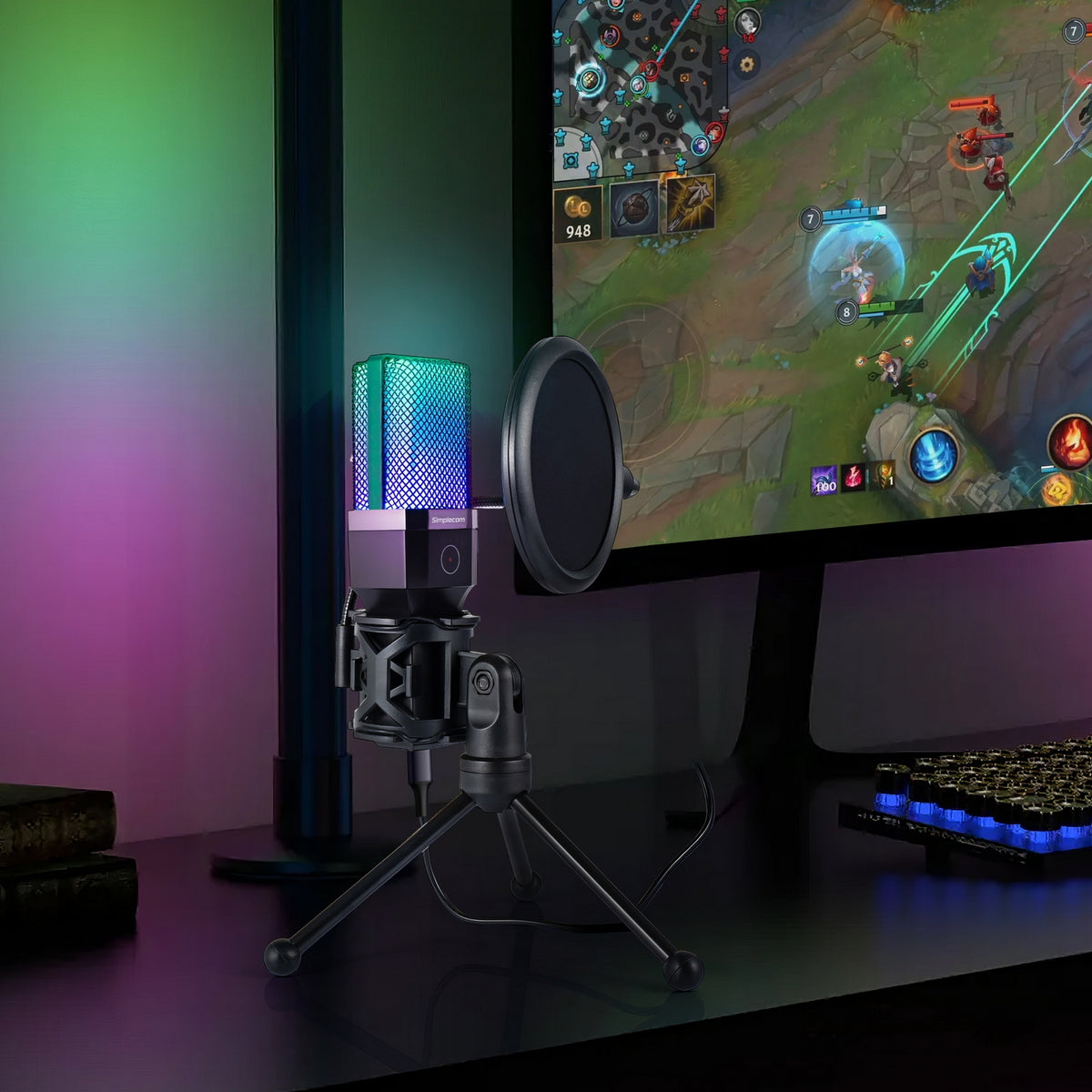 Simplecom UM650 USB Cardioid Condenser Microphone Gaming RGB Lights with Tripod & Pop Filter Tristar Online