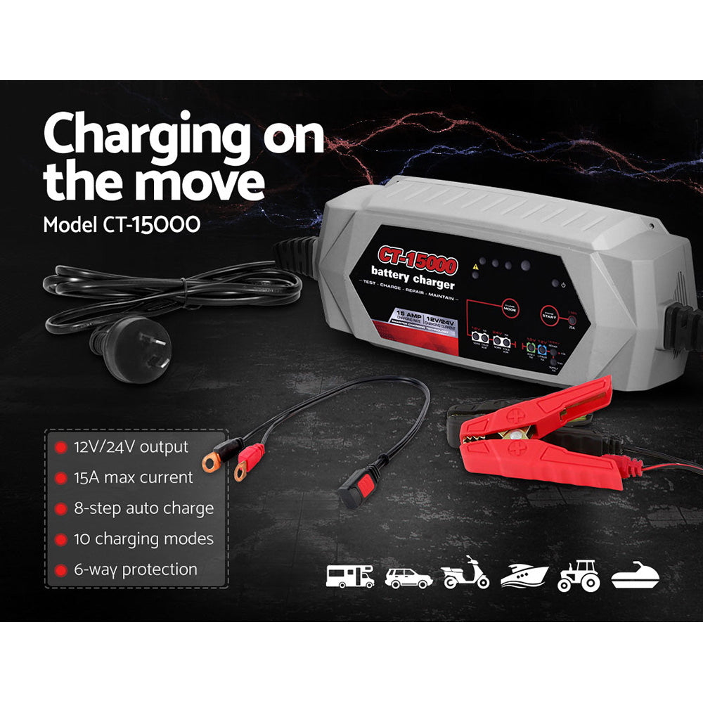 Smart Battery Charger 15A 12V 24V Automatic SLA AGM Car Truck Boat Motorcycle Caravan Tristar Online