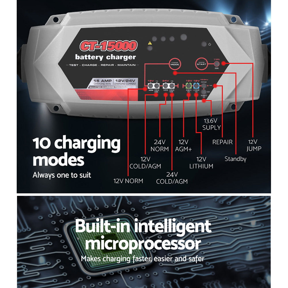 Smart Battery Charger 15A 12V 24V Automatic SLA AGM Car Truck Boat Motorcycle Caravan Tristar Online