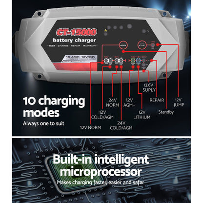 Smart Battery Charger 15A 12V 24V Automatic SLA AGM Car Truck Boat Motorcycle Caravan Tristar Online