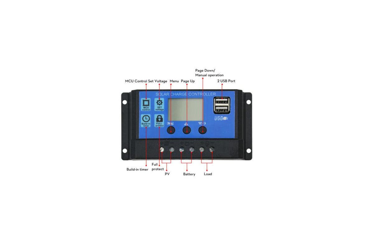 Solar Charge Controller Regulator 12V-24V 5V 2USB Port Trion