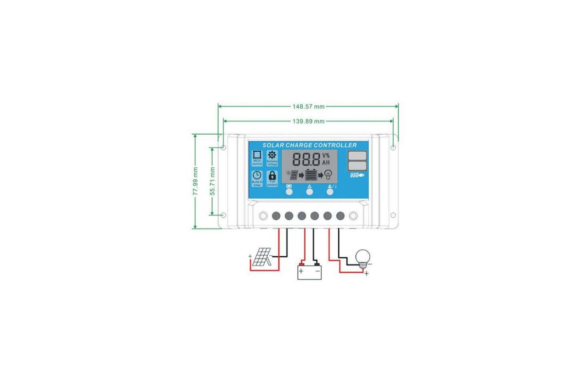 Solar Charge Controller Regulator 12V-24V 5V 2USB Port Trion