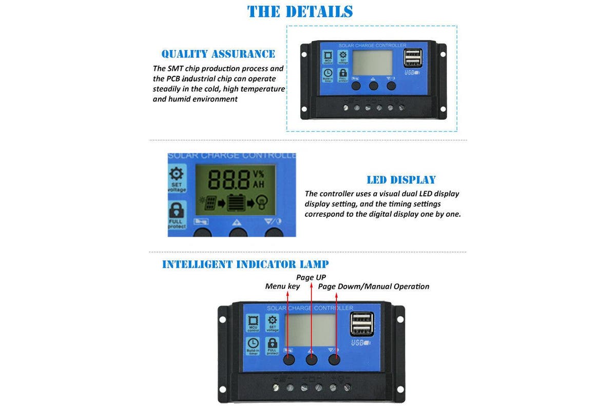 Solar Charge Controller Regulator 12V-24V 5V 2USB Port Trion