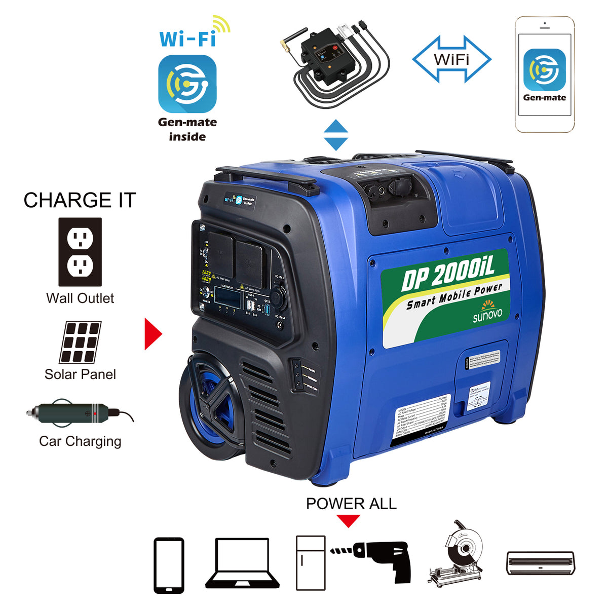 Sunovo 2000W Portable Power Station Solar Inverter Generator Tristar Online