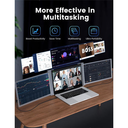 Rear view of 15.6 inch Dual Portable Trifold Monitor showing adjustable support stand and cable routing.