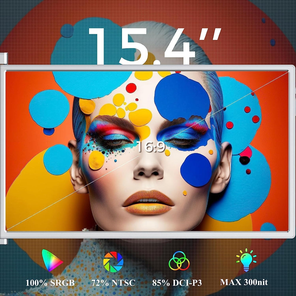 Top‑down photo of 15.4 inch Trifold Portable Monitor and laptop on a desk with spreadsheets and charts on each Full HD screen.