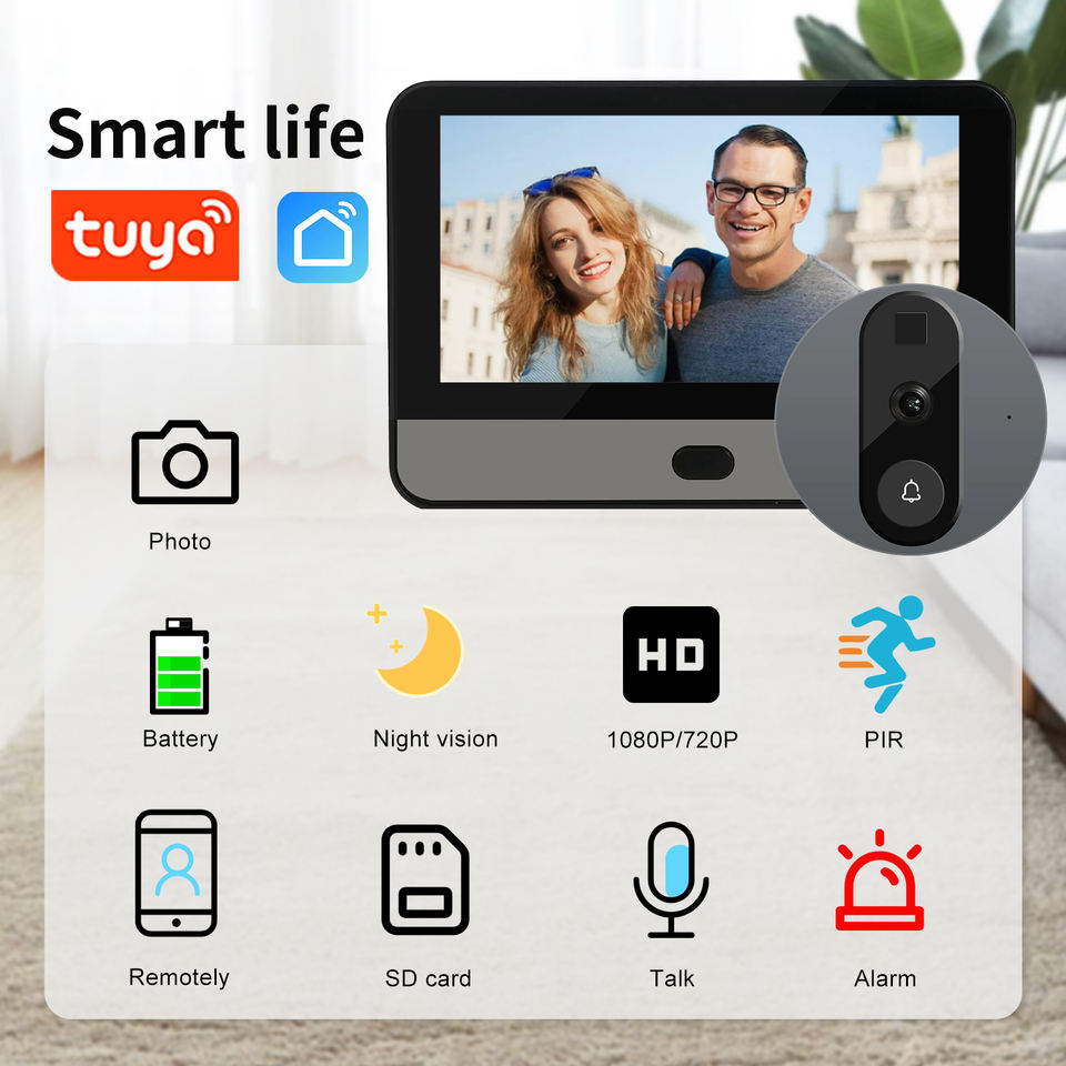Tuya Video 1080P Wireless Lcd Monitor Video Doorbell Camera Night Vision Wifi Electronic Peephole Door Viewer with APP Control (Open Never Used) Tuya