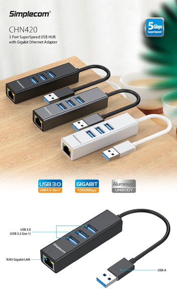 Simplecom CHN420 Aluminium 3 Port SuperSpeed USB HUB with Gigabit Ethernet Adapter Black Tristar Online