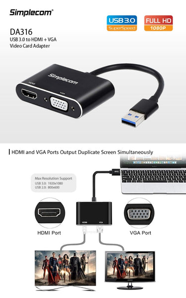 Simplecom DA316 USB 3.0 to HDMI + VGA Video Card Adapter Full HD 1080p Tristar Online