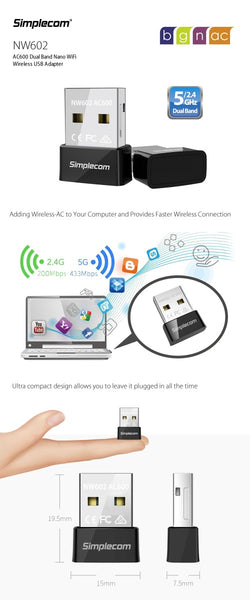 Simplecom NW602 AC600 Dual Band Nano USB WiFi Wireless Adapter Tristar Online