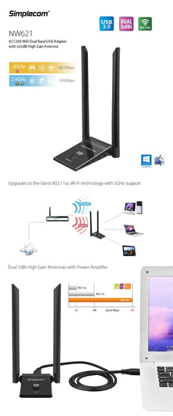 Simplecom NW628 AC1200 WiFi Dual Band USB3.0 Adapter with 2x 5dBi High Gain Antennas Tristar Online