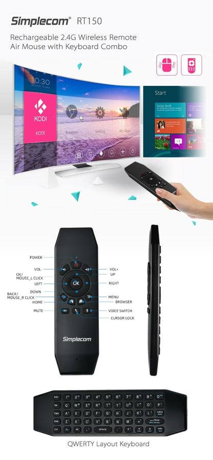 Simplecom RT150 2.4GHz Wireless Remote Air Mouse Keyboard with IR Learning Tristar Online