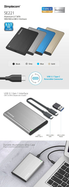 Simplecom SE221 Aluminium 2.5'' SATA HDD/SSD to USB 3.1 Enclosure Gold Tristar Online