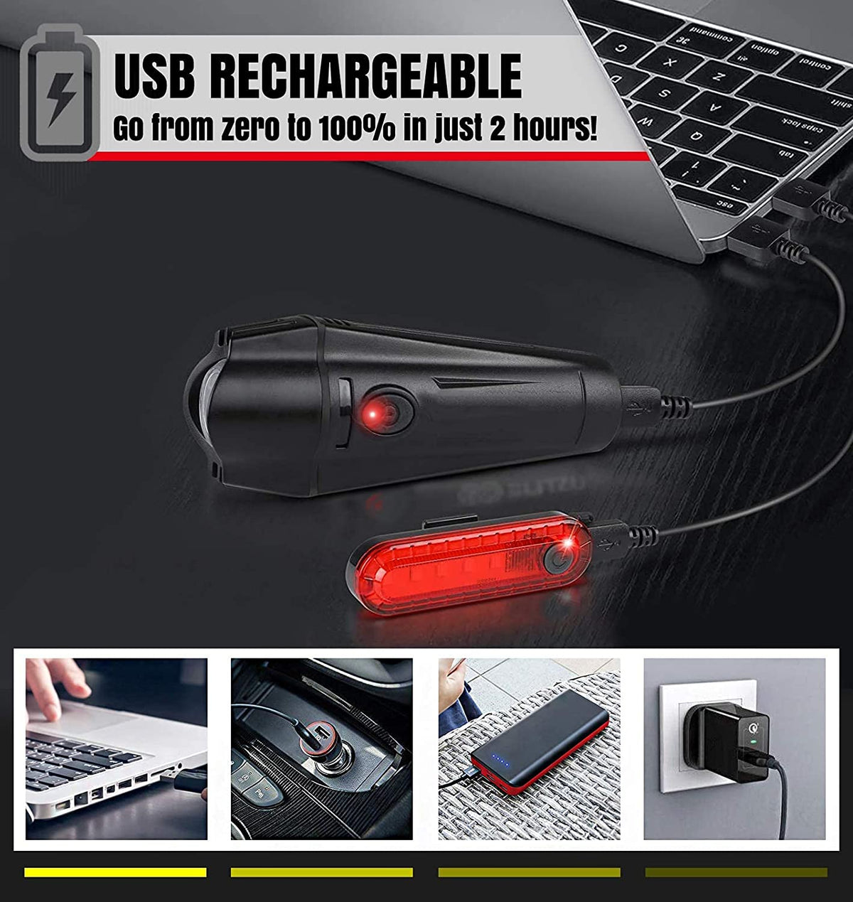 VIKUS Waterproof Rechargeable LED Bike Lights Set (2000mah Lithium Battery, IPX4, 2 USB Cables) Tristar Online