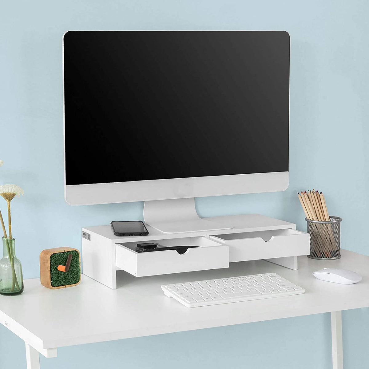 White Monitor Stand Desk Organizer with 2 Drawers Tristar Online