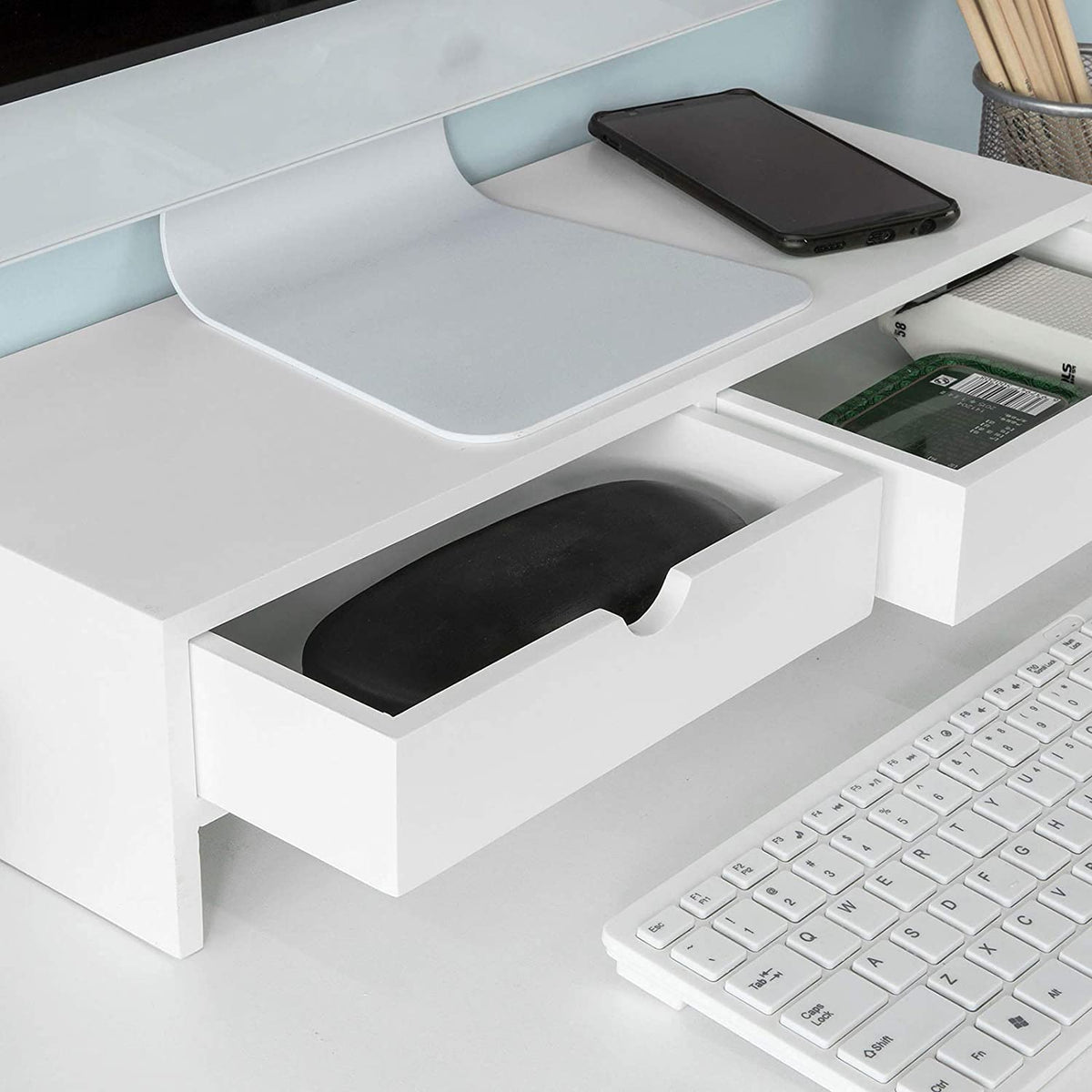 White Monitor Stand Desk Organizer with 2 Drawers Tristar Online