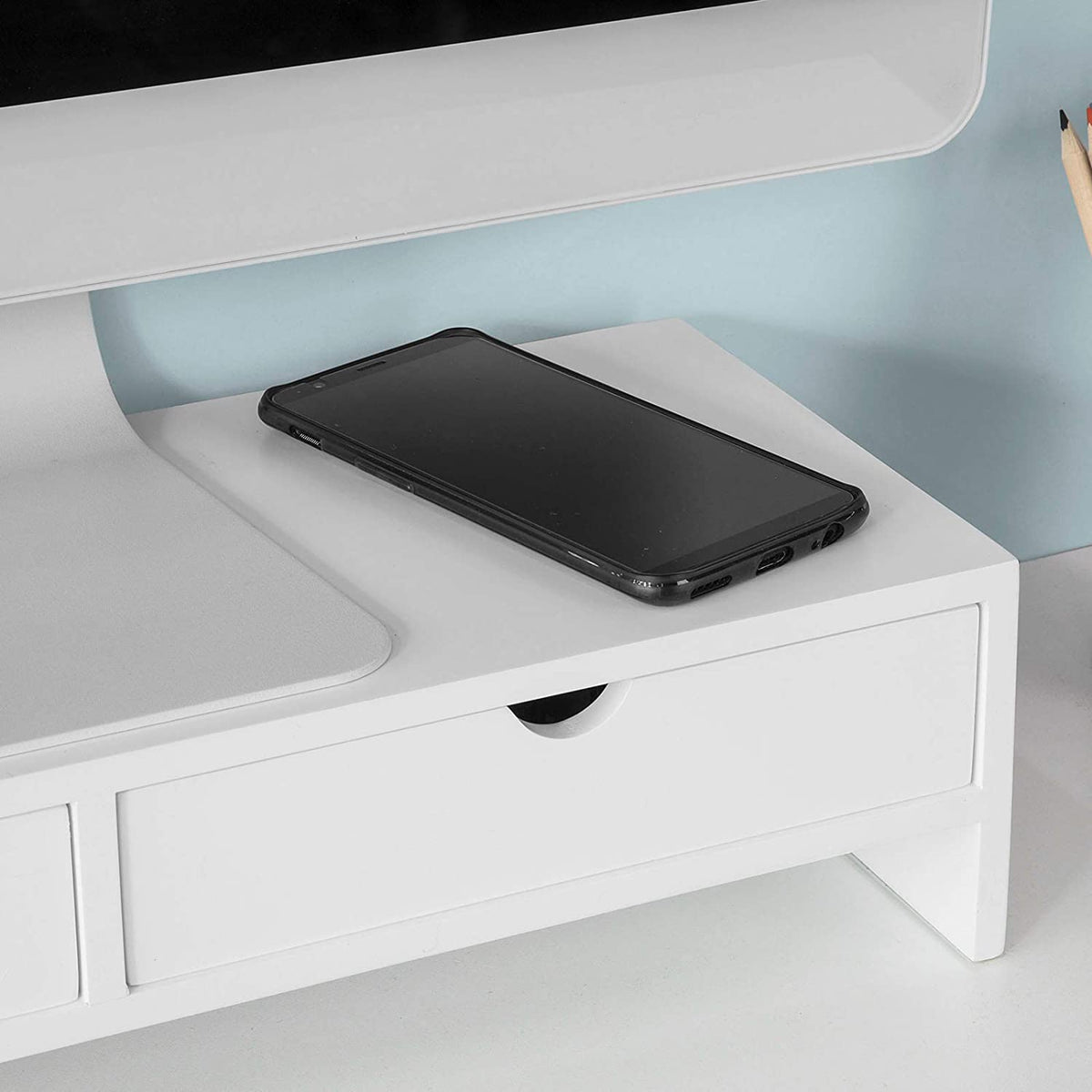 White Monitor Stand Desk Organizer with 2 Drawers Tristar Online