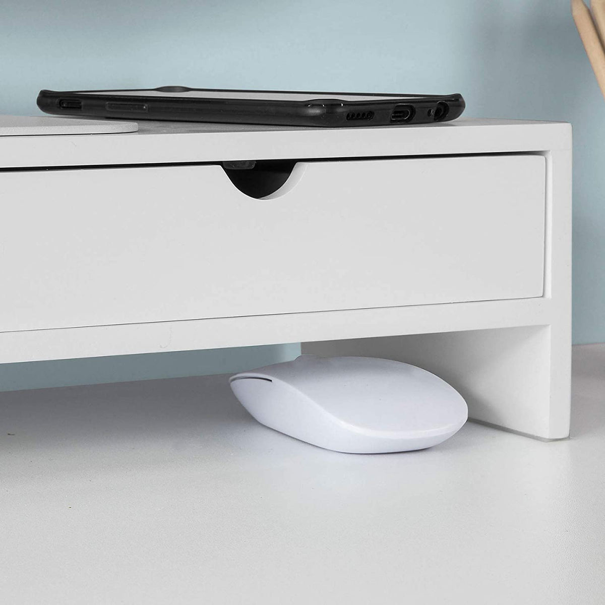 White Monitor Stand Desk Organizer with 2 Drawers Tristar Online